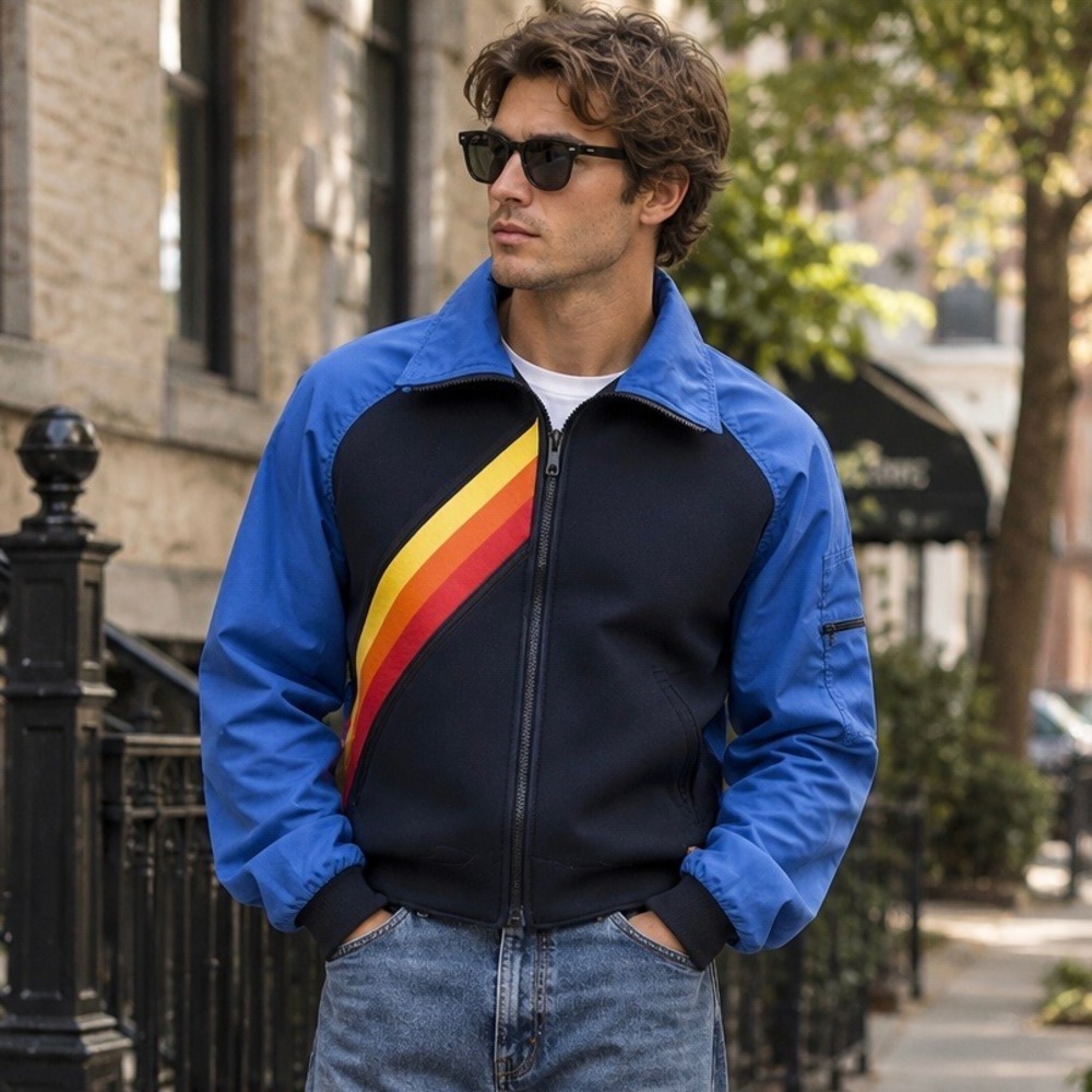 Vintage Bare Fitz Wright & Sine Scuba Jacket Blue Navy Rainbow Stripe - Size XL